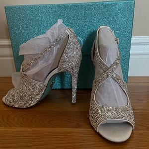 Blue by Betsey Johnson Sage Rhinestone Jeweled Satin Peep Toe Dress Sandals